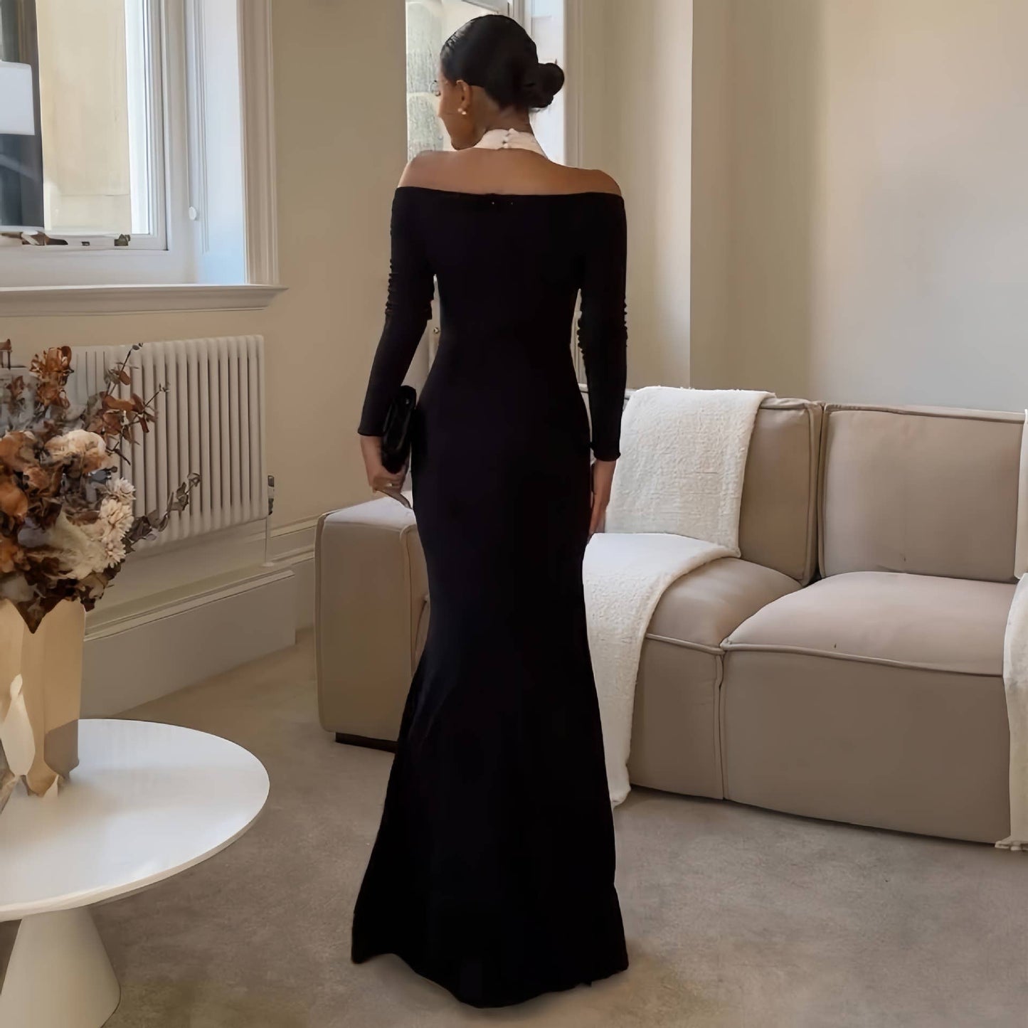 BLACK LONG-SLEEVED FASHION ONE-SHOULDER DRESS