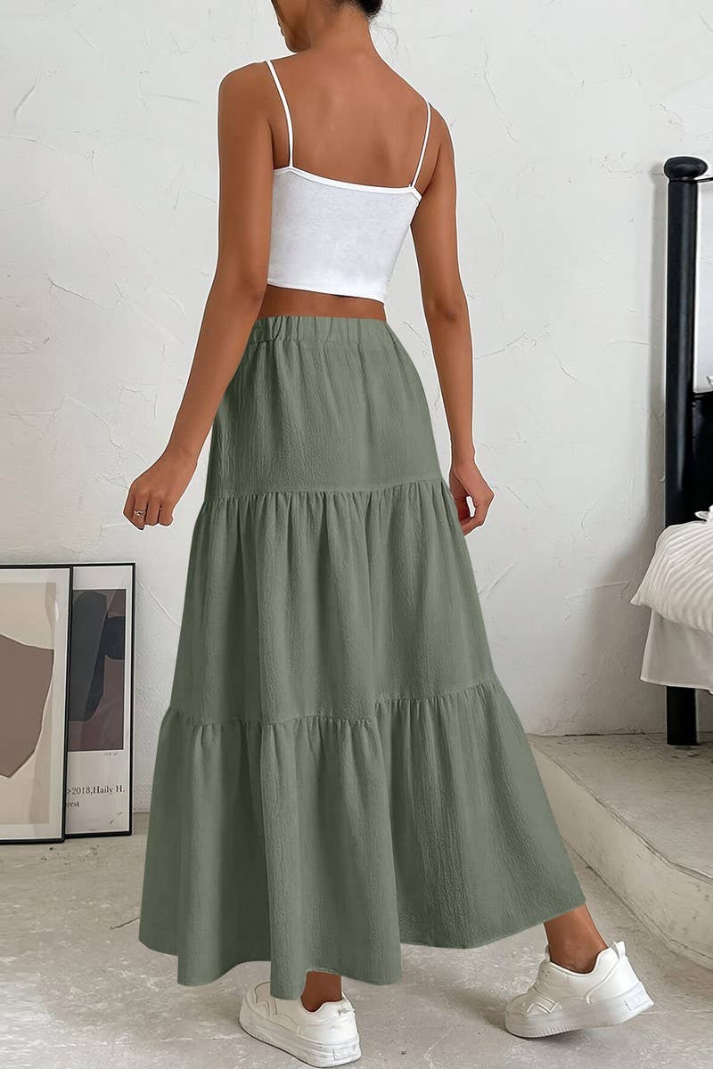 CWBLS0559_BOW WAIST TIERED SOLID MIDI SKIRT