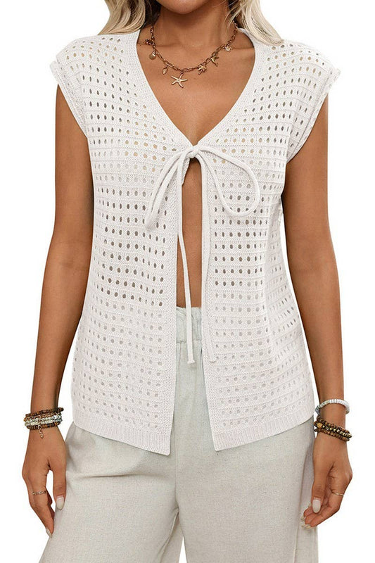 CWTTS1369_BOHEMIAN HOLLOW KNIT CARDIGAN LACE-UP BLOUSE