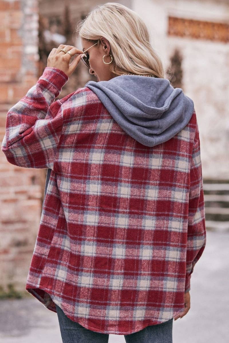 CWTSTL2181_FLANNEL PLAID HOODED LONG-SLEEVED SHIRT JACKET