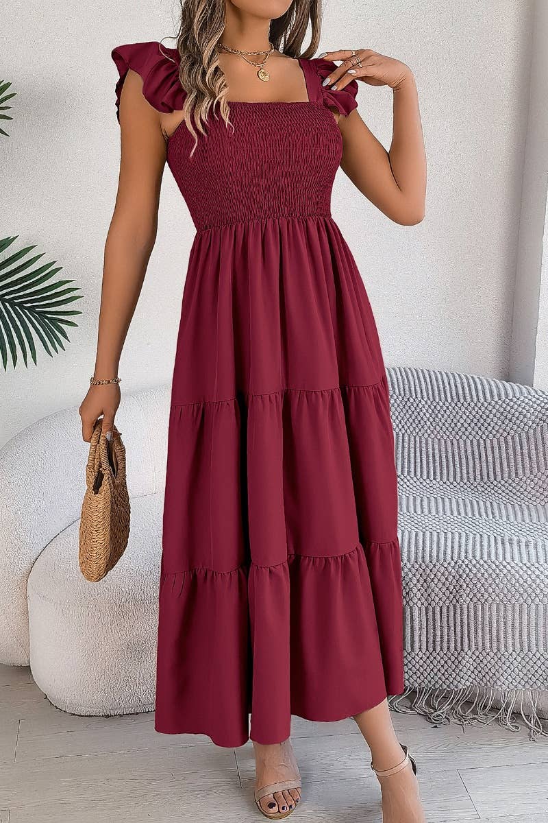 CWDMD2662_A-LINE DRESS WITH SQUARE COLLAR WOODEN EAR EDGE