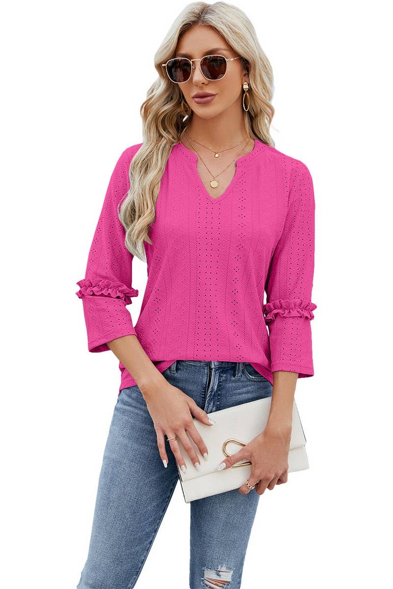CWTTS0763_3/4 Sleeve Ruffle Detailed V-Neck  Blouse