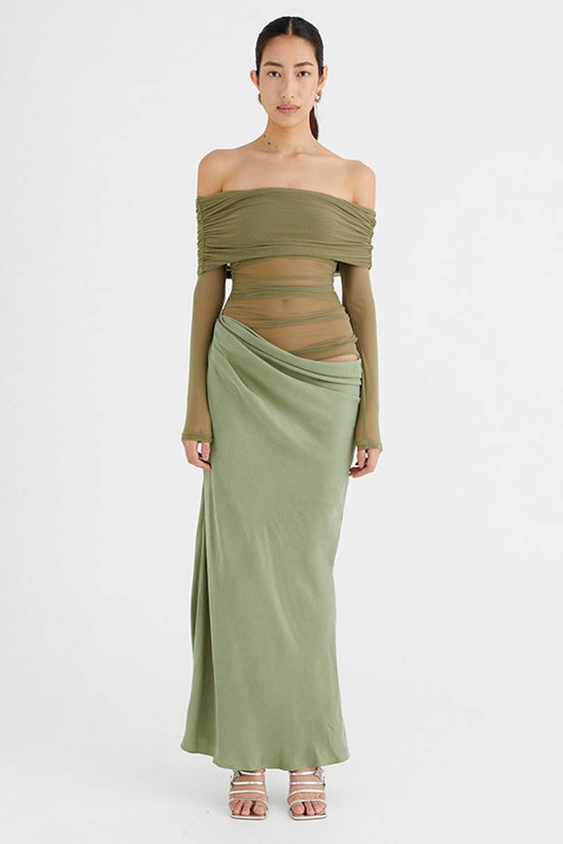 CWDMD6079_OFF SHOULDER LONG SLEEVE CUTOUT PATCHWORK DRESS