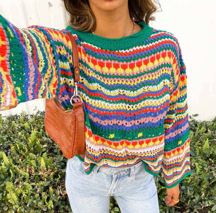 CREW NECK LONG SLEEVE PATCHWORK PULLOVER SWEATER