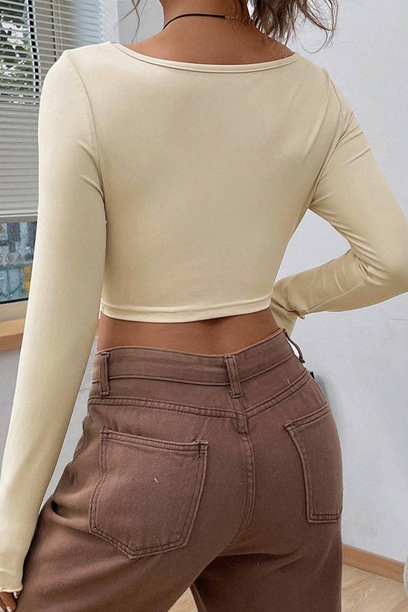 CWTBLL2707_V-NECK TWISTED CROPPED KNITTED LONG-SLEEVED TOP