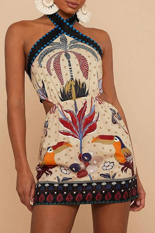 CWDHL01110_FLORAL HALTER NECK SEXY SHORT DRESS