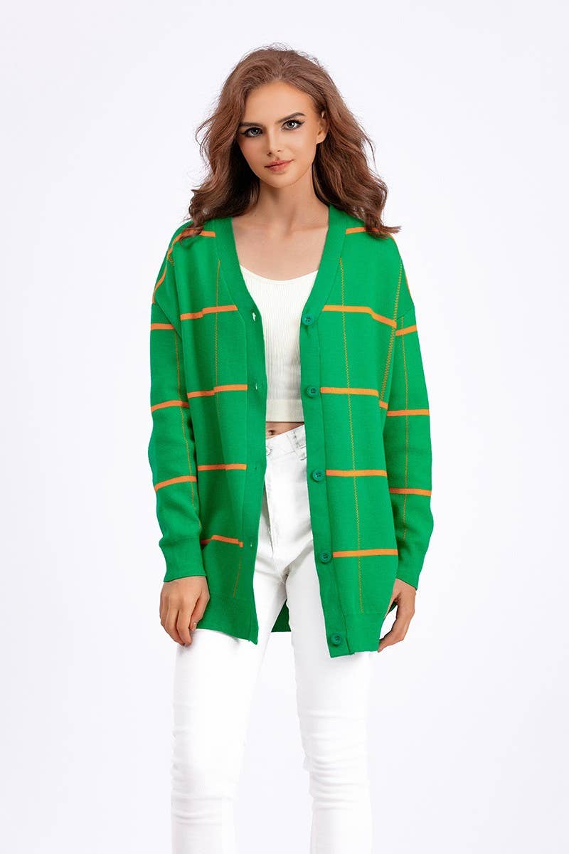 CWOCAL00671_STRIPED PLAID LOOSE KNIT CARDIGAN SWEATER