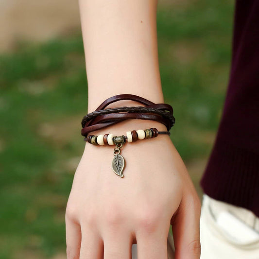 NEW WOVEN VINTAGE LEAF PENDANT COWHIDE BRACELET_CWMM4513