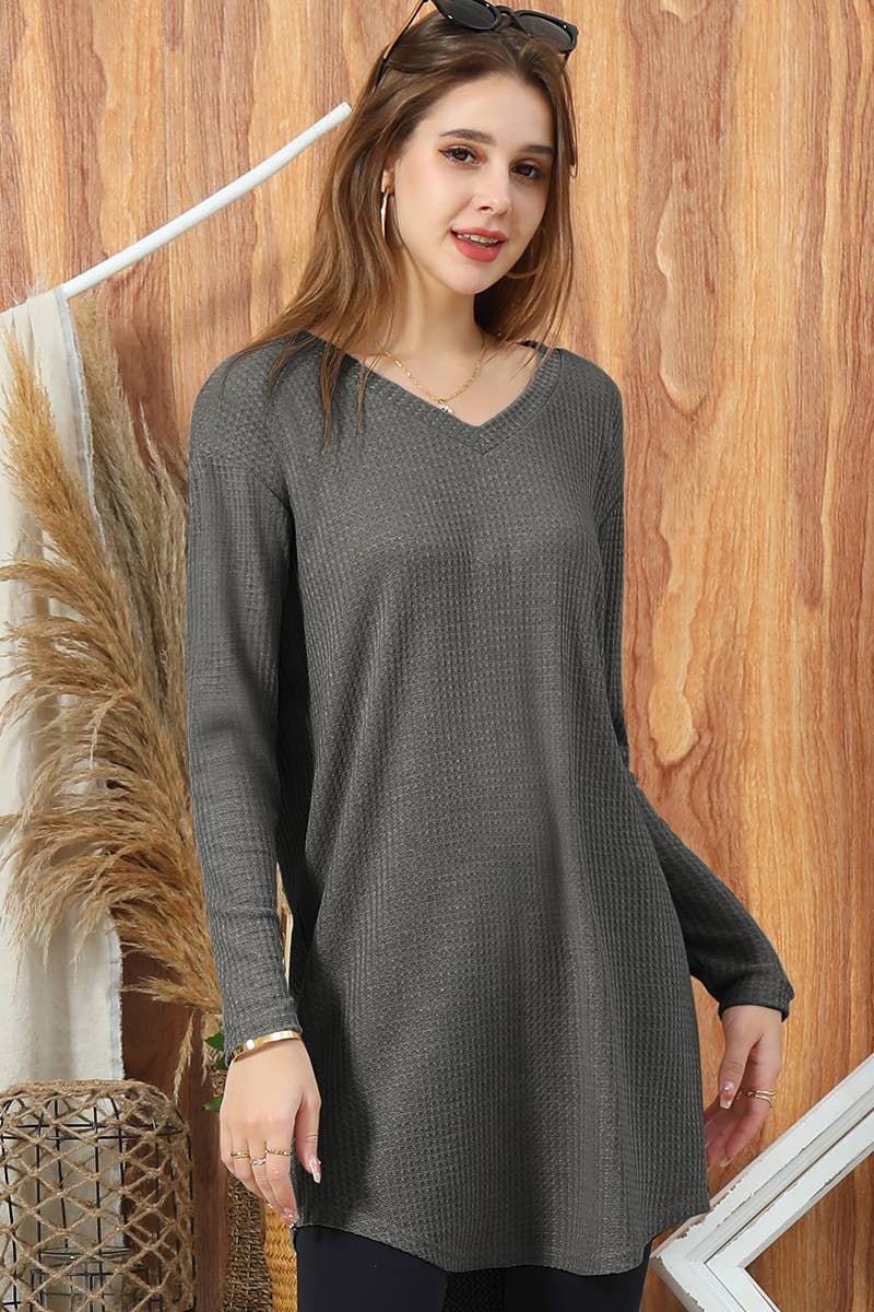 CWTTL1008_SOLID V NECK LONG SLEEVE KNIT SWEATER LONG TOP