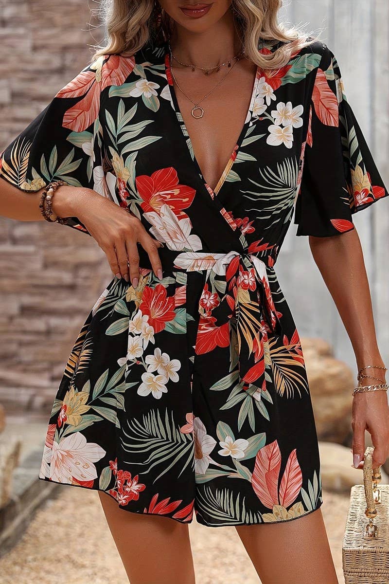 CWSJS1515_BEACH VACATION STYLE LOOSE BELT PRINTED JUMPSUIT