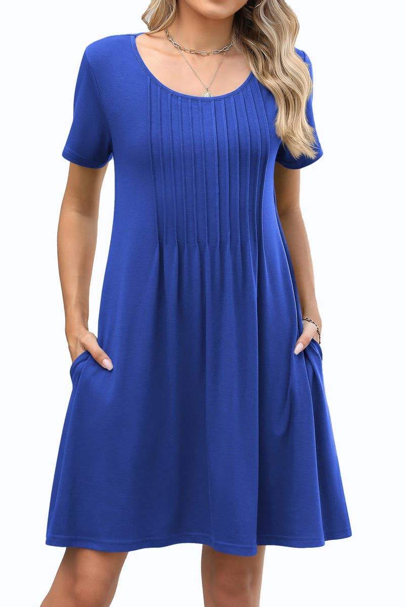 CWDSD8722_SOLID CREW NECK POCKET SHORT SLEEVE DRESS