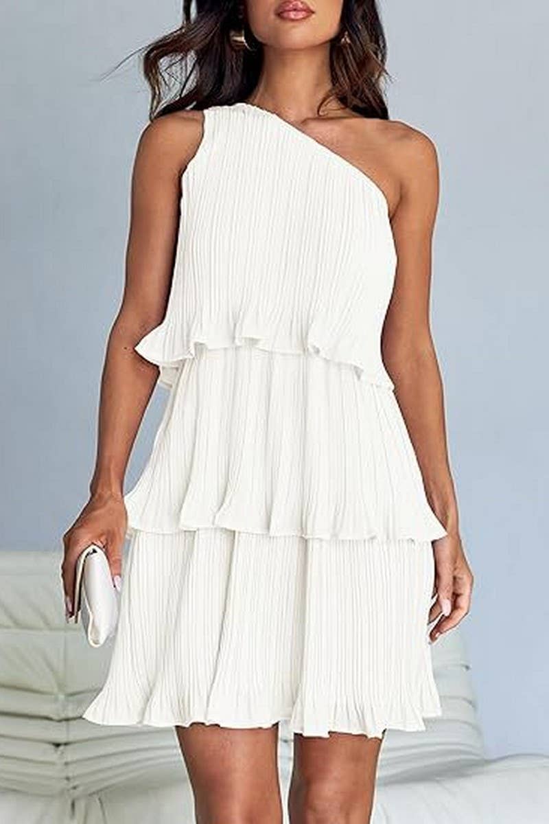 CWDSD7518_SUMMER OFF-SHOULDER LAYERED SOLID COLOR DRESS