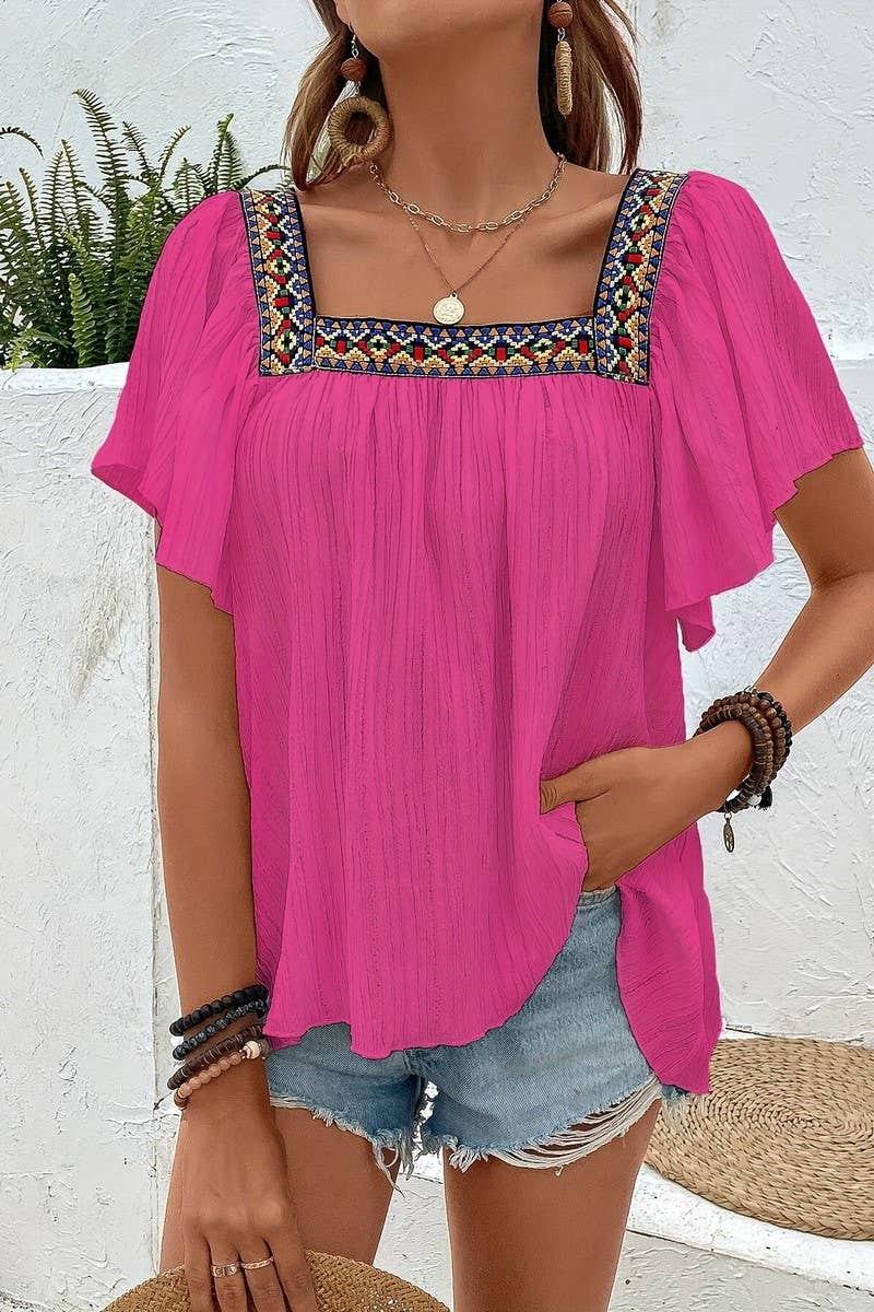 CWTBLS2011_EMBROIDERED LACE RUFFLE SLEEVE BACKLESS BLOUSE