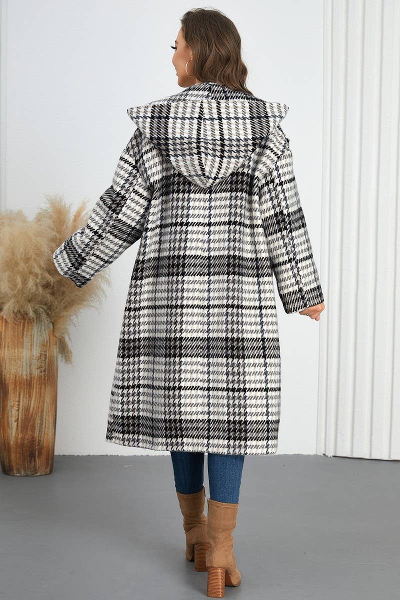 CWOCO0942_DOUBLE-BREASTED PLAID LAPEL LONG HOODED COAT
