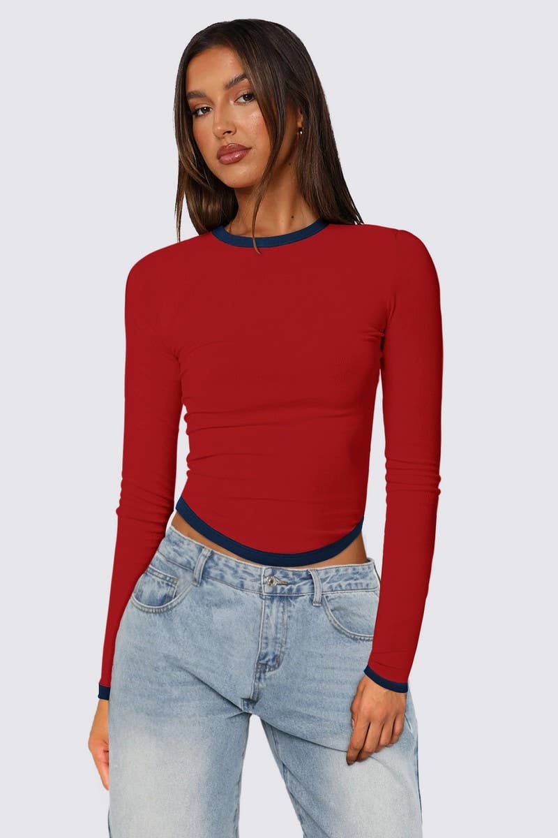 CWTBLL4079_LONG SLEEVE CREW NECK SLIM COLORBLOCK CROP TOP