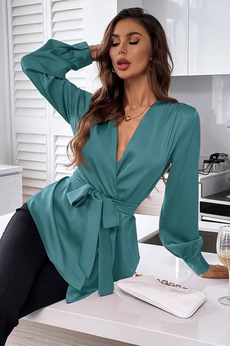 CWTBLL3934_V-NECK SOLID COLOR DRAWSTRING ASYMMETRIC HEM SHIR