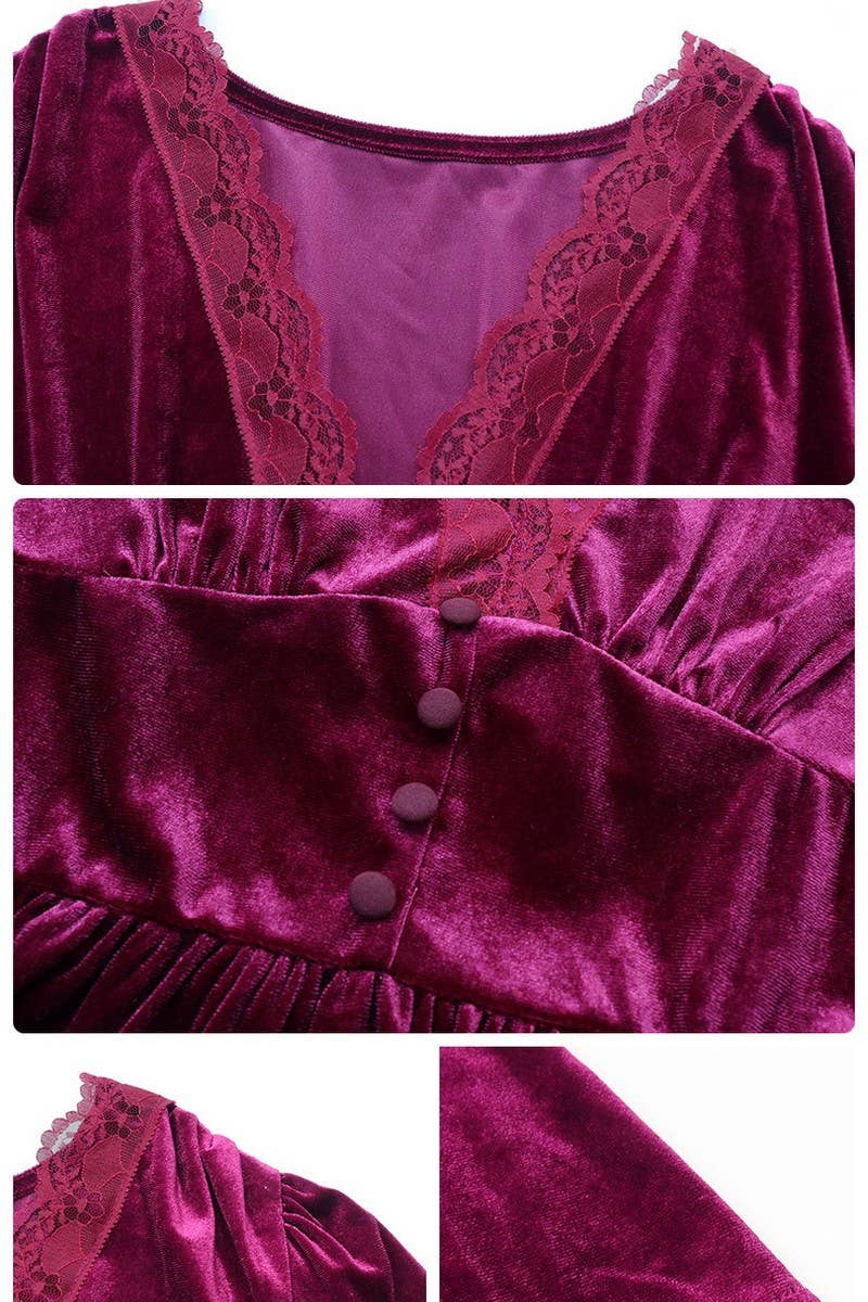 CWDMD3737_V-NECK SOLID COLOR GOLD VELVET LONG-SLEEVED DRESS