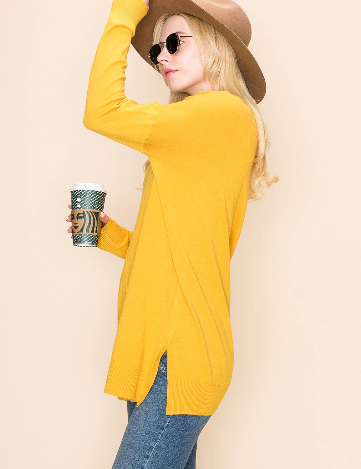 CWOSWL1826_V NECK LOOSE FIT TUNIC LENGTH SOFT SWEATER TOP