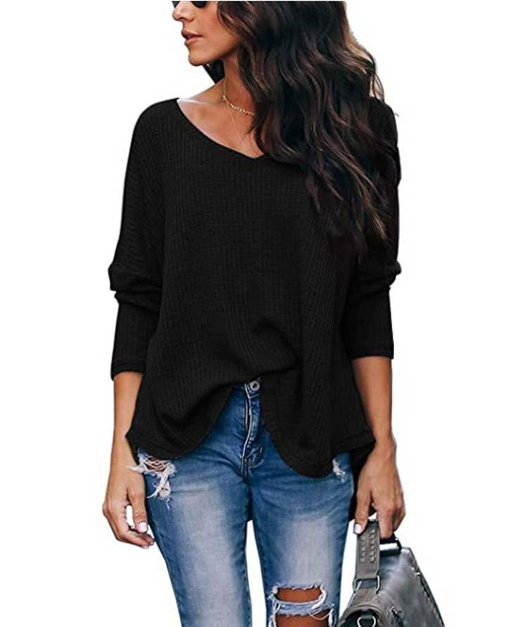 CWTTL1205_V-neck Long Sleeved Loose Knit Top