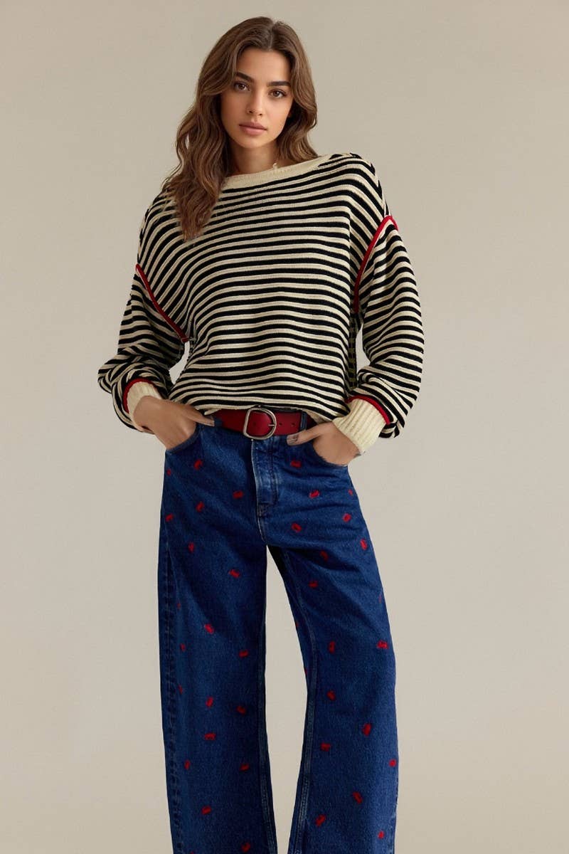 CWOSWL6946_STRIPED CREWNECK KNIT PULLOVER SWEATER