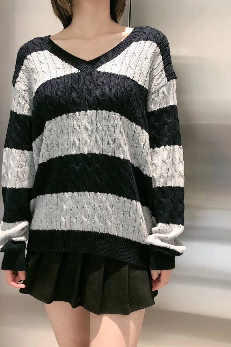 CWOSWL5744_V-NECK STRIPED CONTRAST CHUNKY KNIT SWEATER