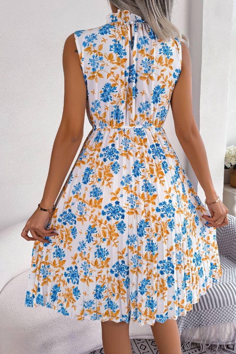 CWDSD4700_SUMMER WOODEN EAR EDGE FLOWER WAIST PLEATED DRESS