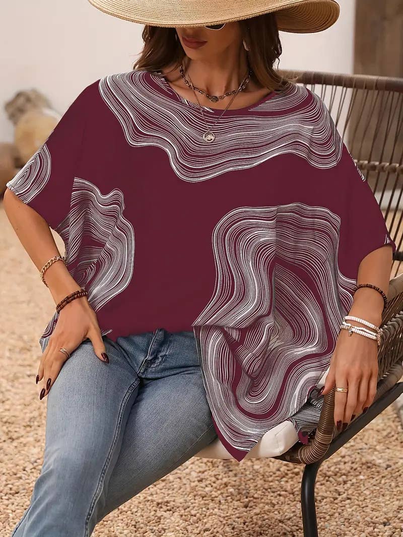 Casual printed V-neck loose batsleeve top