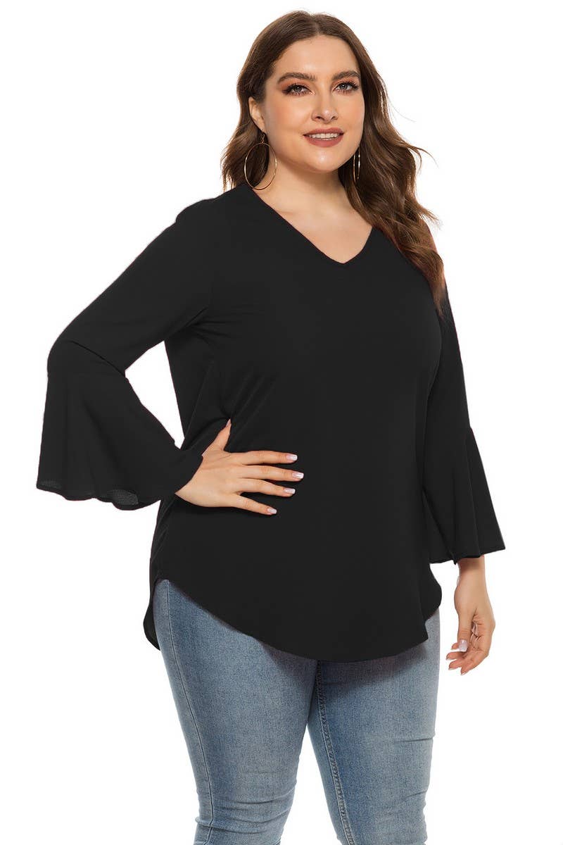 CWTBLL1403_PLUS SIZE ROUND NECK RUFFLE SLEEVE LOOSE TOP