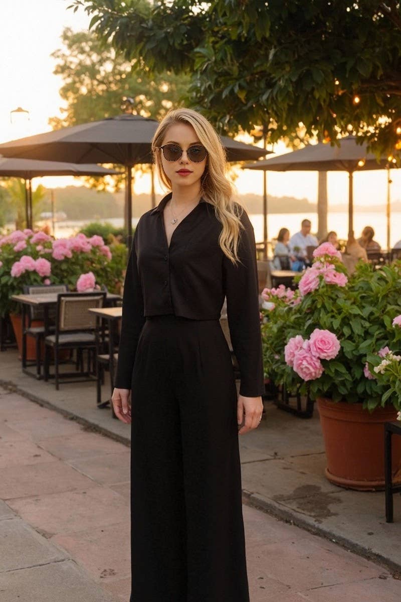 CWSTB1747_SOLID COLOR CROPPED SHIRT & PANTS SET FOR WOMEN