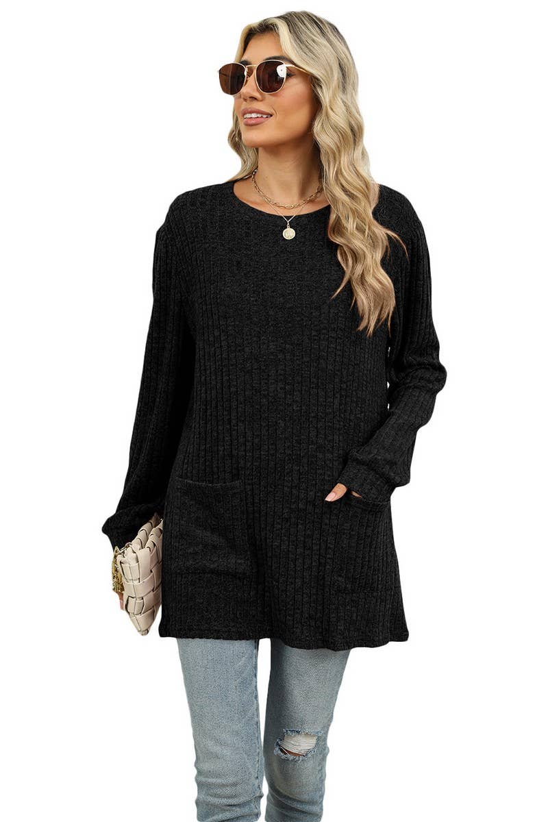 CWTBLL1118_CASUAL ROUND NECK POCKET PUFF SLEEVE LOOSE TOP