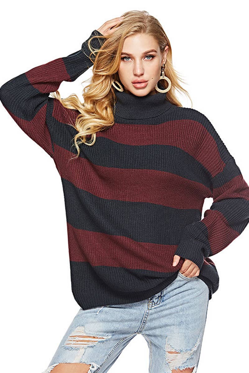 CWTSTL2701_CASUAL STRIPED TURTLENECK KNIT SWEATER