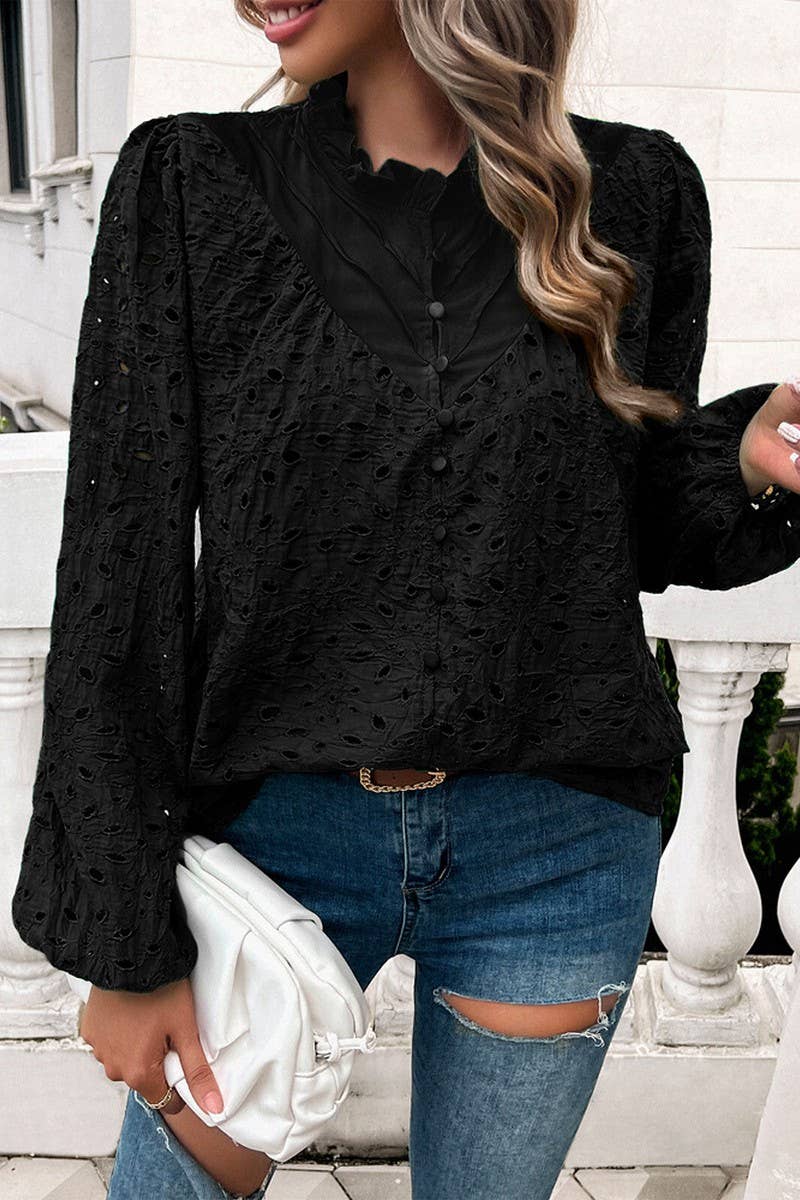 CWTSTL2732_ELEGANT HOLLOW PUFF SLEEVE EMBROIDERED TOP