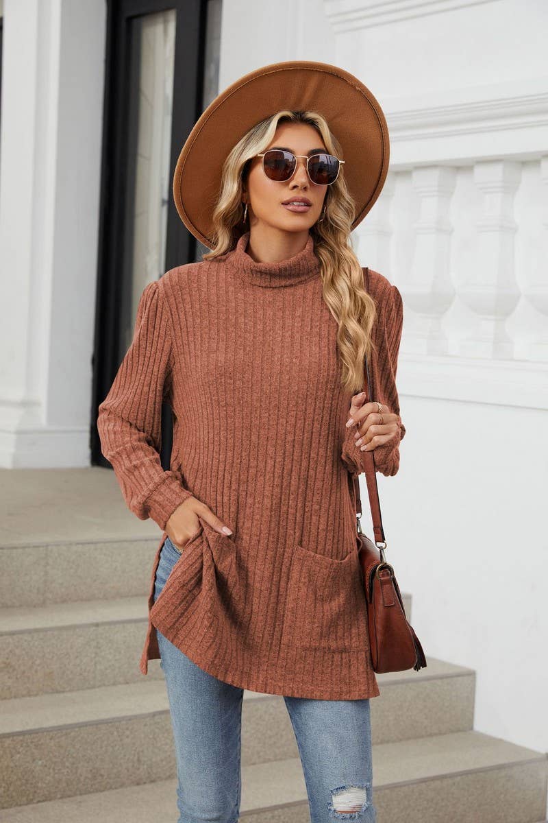 CWTBLL2363_SOLID COLOR HALF TURTLENECK SLIT POCKET TOP