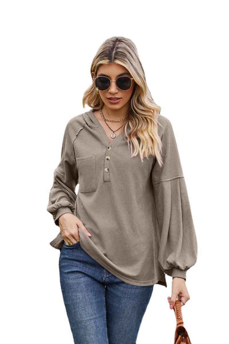 CWOHOL1095_NEW HOODED BUTTON LOOSE LONG-SLEEVED SWEATSHIRT