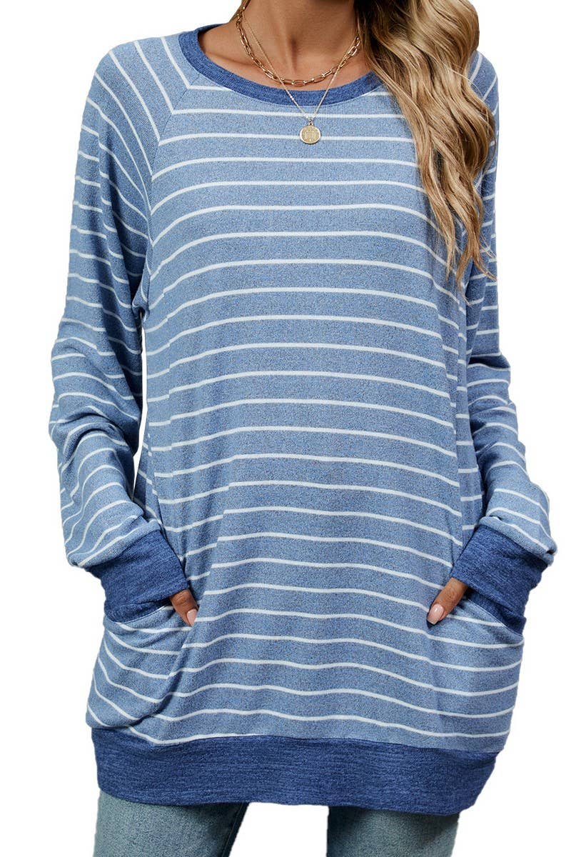 CWTBLL1217_STRIPED CONTRAST POCKET MID-LENGTH SWEATSHIRT