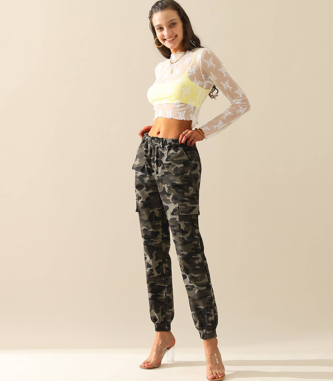 CWBLP400-1_Elastic Waist Camo Cargo Pants Cotton Work Pants