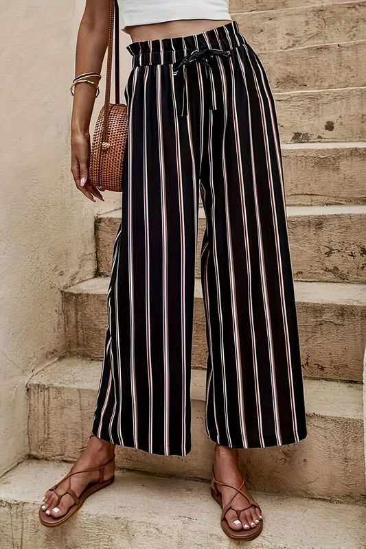 CWBLP2078_HIGH WAIST LOOSE FIT SLIM STRIPED WIDE LEG PANTS