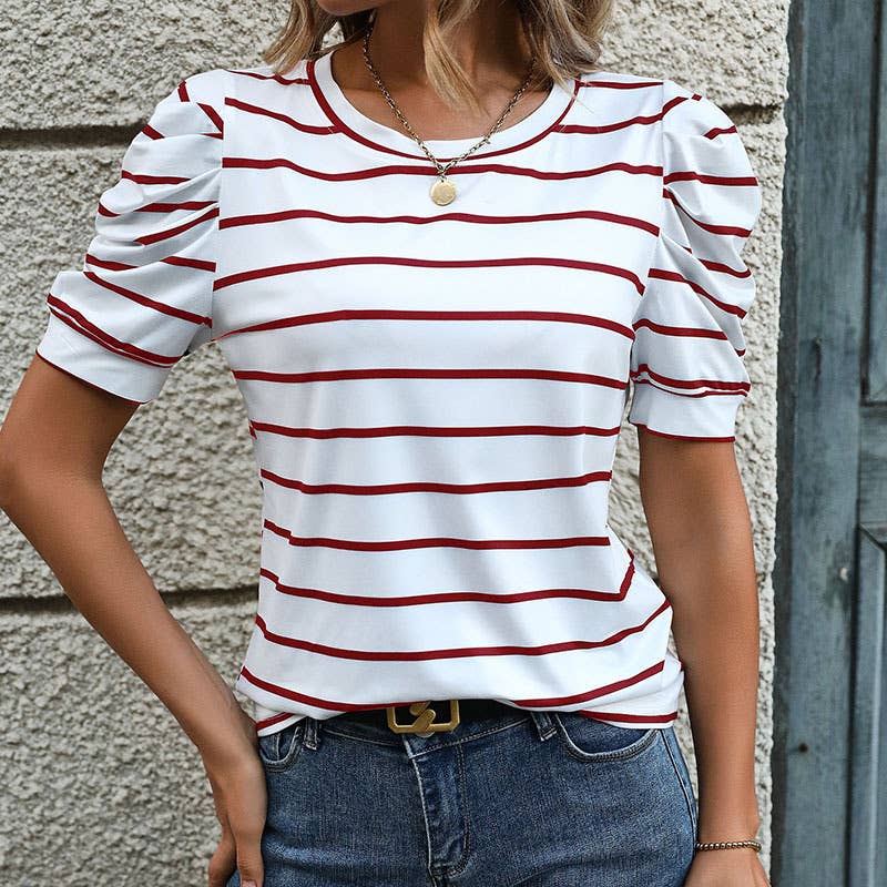 Casual Lamb Leg Sleeve Striped Crewneck T-Shirt