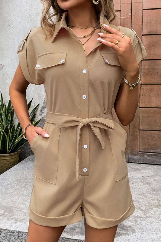 CWSR0090_SOLID COLOR COLLARED BUTTON UP SHORT SLEEVED ROMPER
