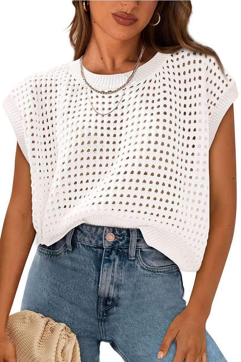 CWTTS1365_SUMMER HOLLOW SUN PROTECTION KNITTED TOP