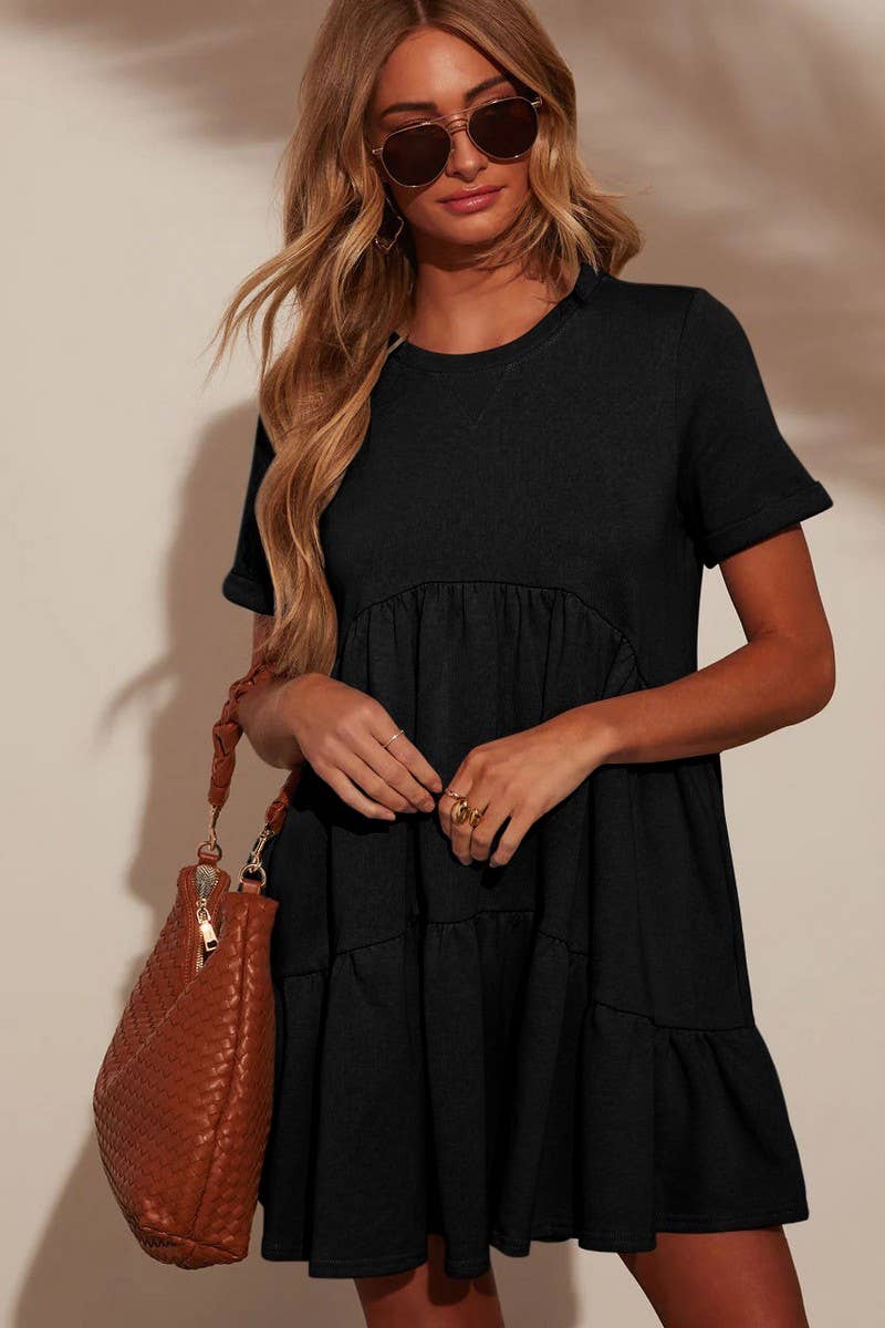 CWDSD7268_ROUND NECK POCKET SHORT SLEEVE PLEATED DRESS