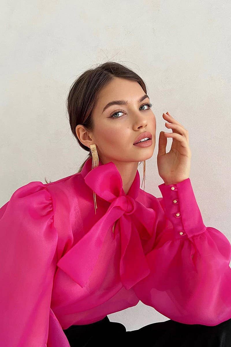 CWTSTL2579_PUFF SLEEVE BOWKNOT SEE-THROUGH LONG SLEEVE TOP