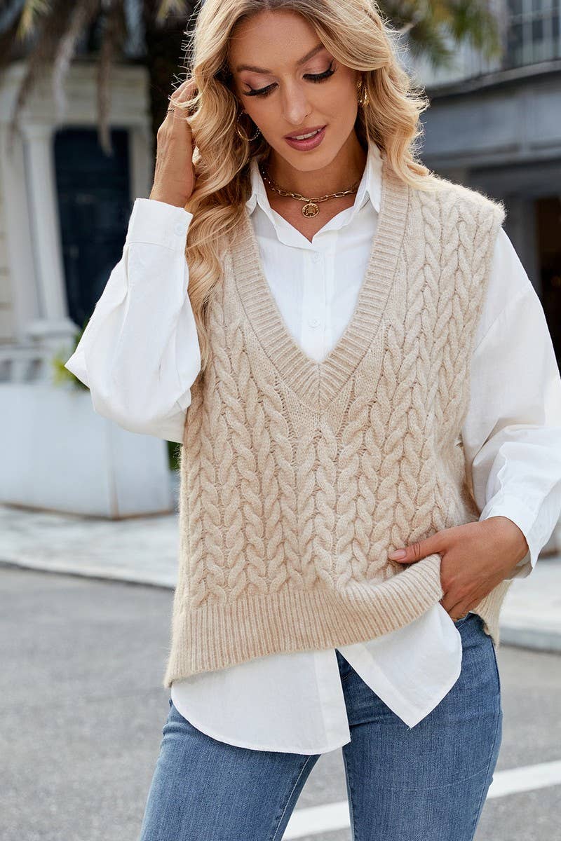 CWOV00137_VINTAGE CABLE KNIT V-NECK SLEEVELESS VEST