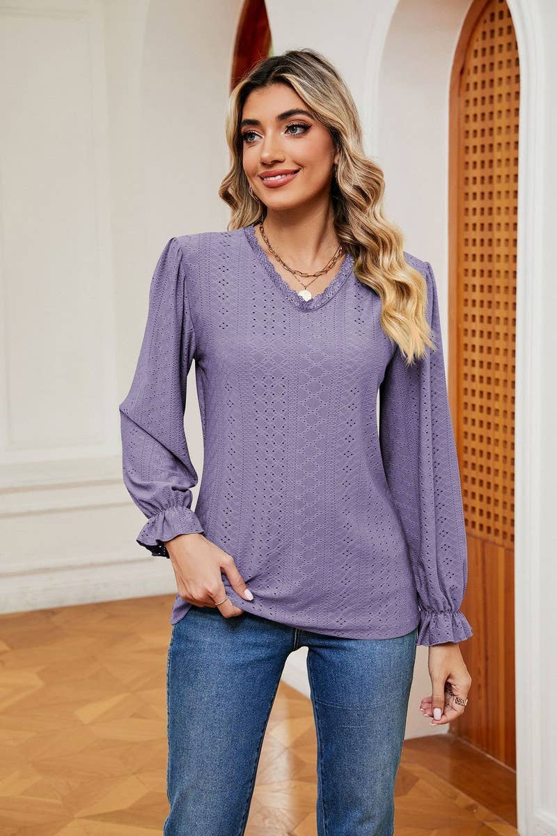 CWTBLL2394_V-NECK LONG-SLEEVED HOLLOW LACE PATCHWORK TOP