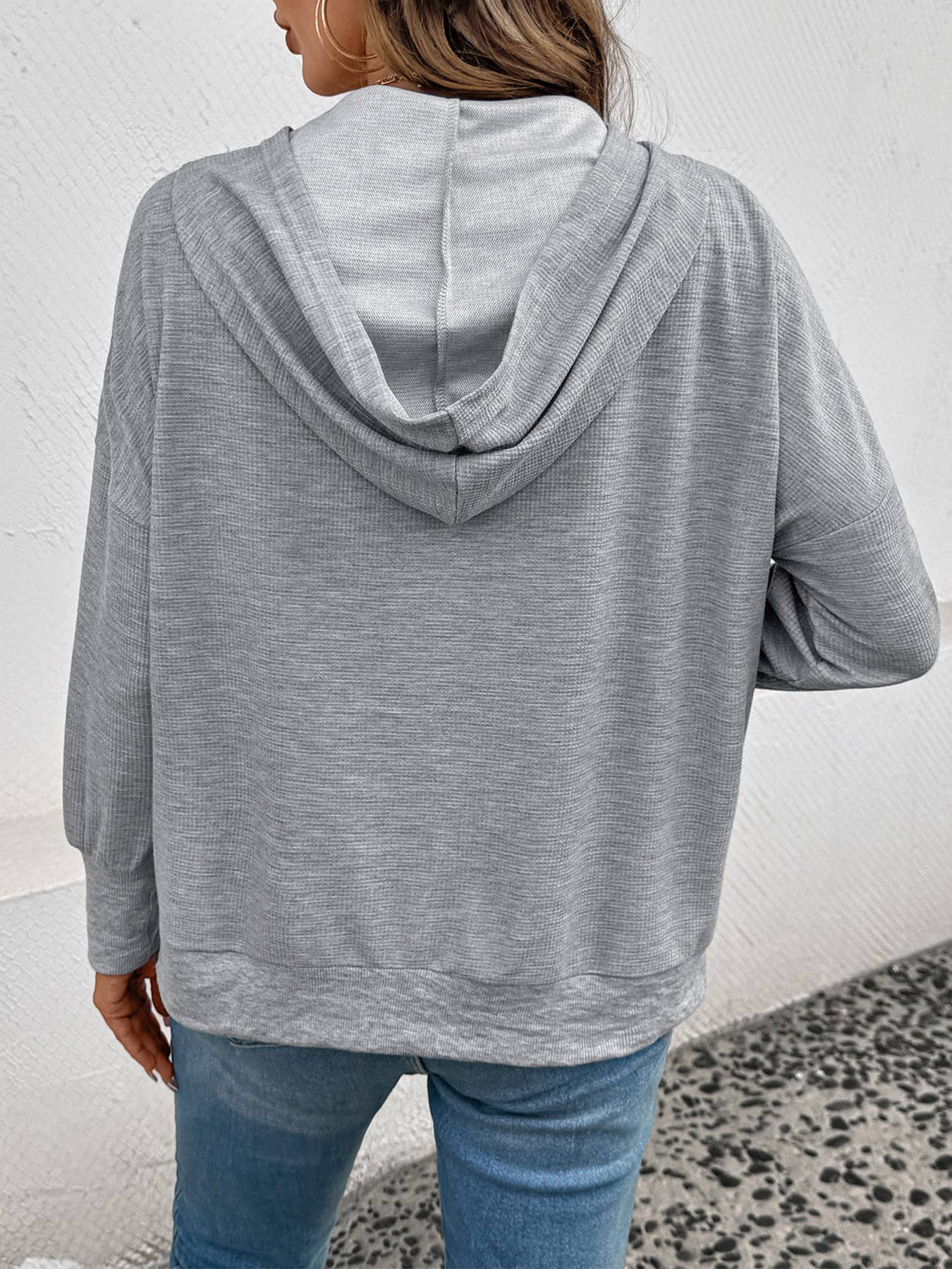 Casual hooded solid color waffle sweatshirt