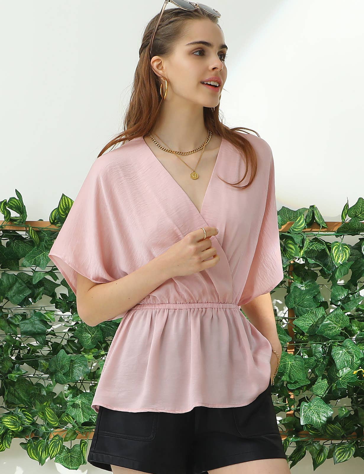 CWTBLS205_V NECK BATWING SLEEVE SLIK BLOUSE TOP