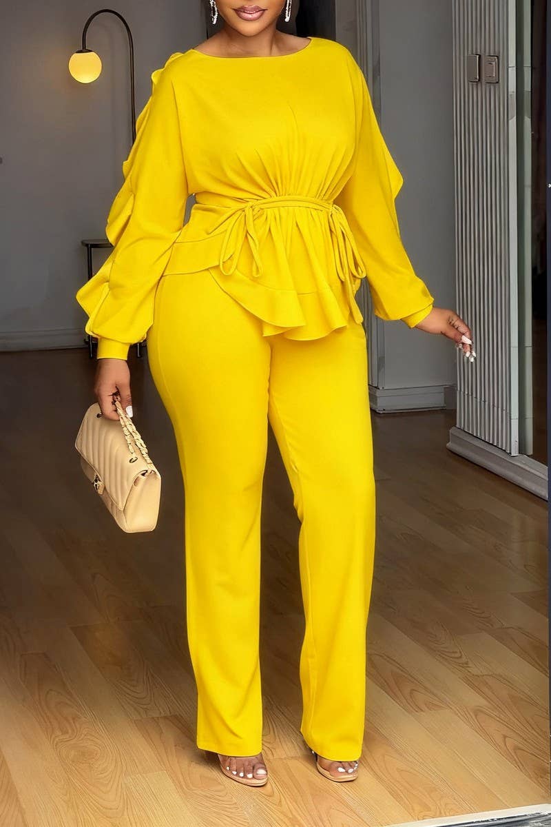 CWSTB00491_2025 ELEGANT RUFFLE DRAWSTRING TOP AND PANTS SET