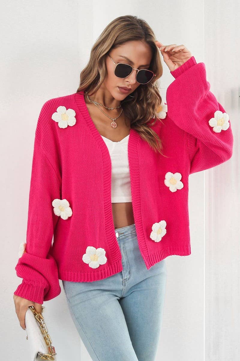 CWOCAL1182_EMBROIDERED FLOWER LANTERN SLEEVE KNIT CARDIGAN
