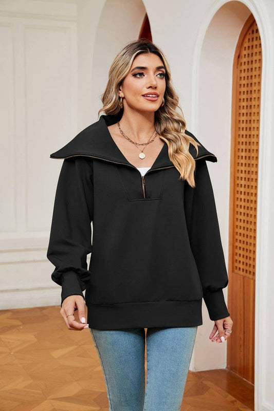 CWTBLL2400_SOLID COLOR ZIPPER LAPEL LOOSE SHAWL SWEATSHIRT