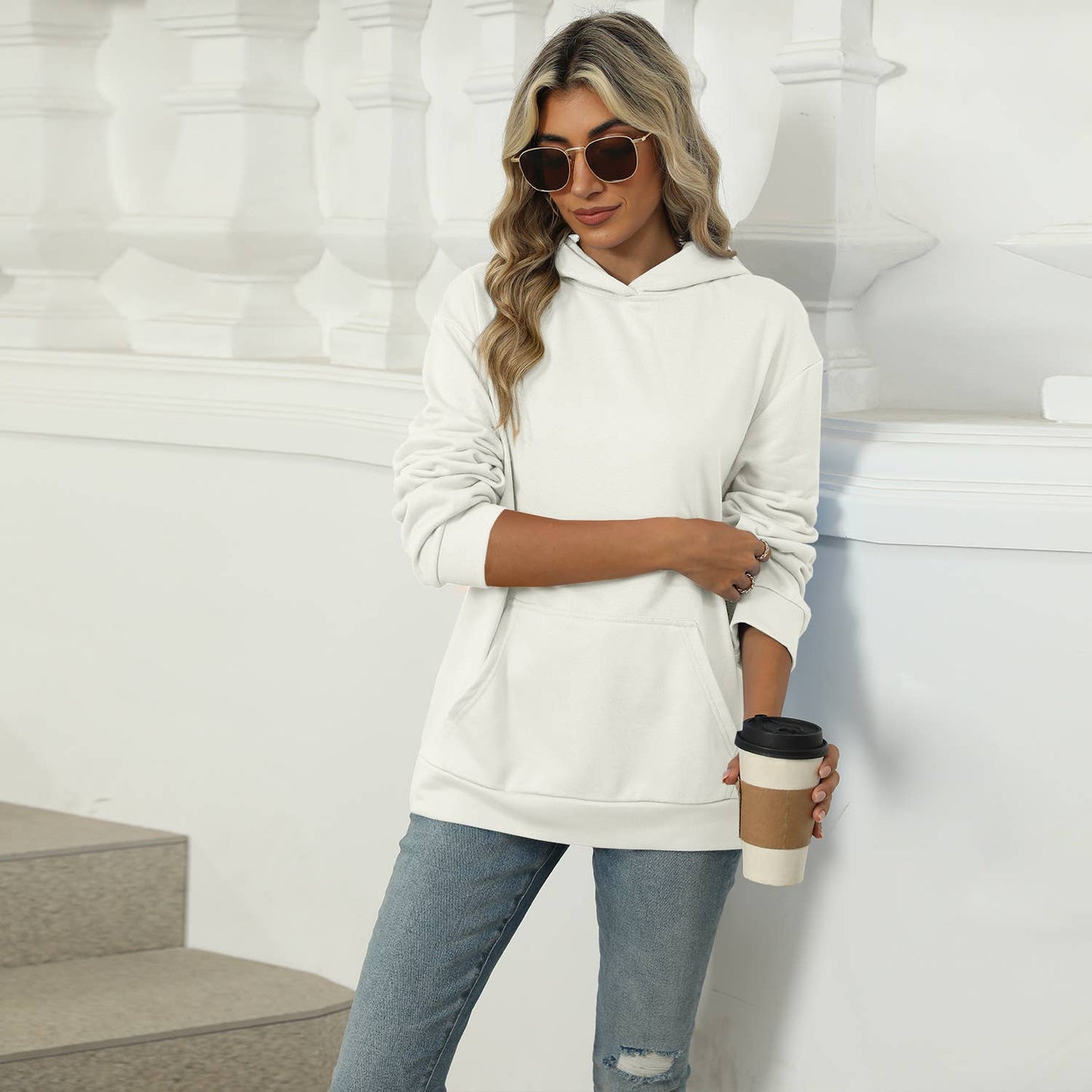 CASUAL HOODED POCKET HOODIE SOLID COLOR TOP